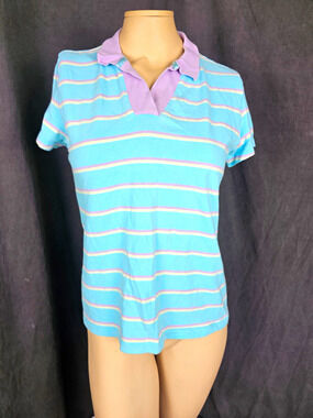 Weekends Suburbia Striped V Neck Polo Top Size M Colombia Cotton Preppy golf y2k